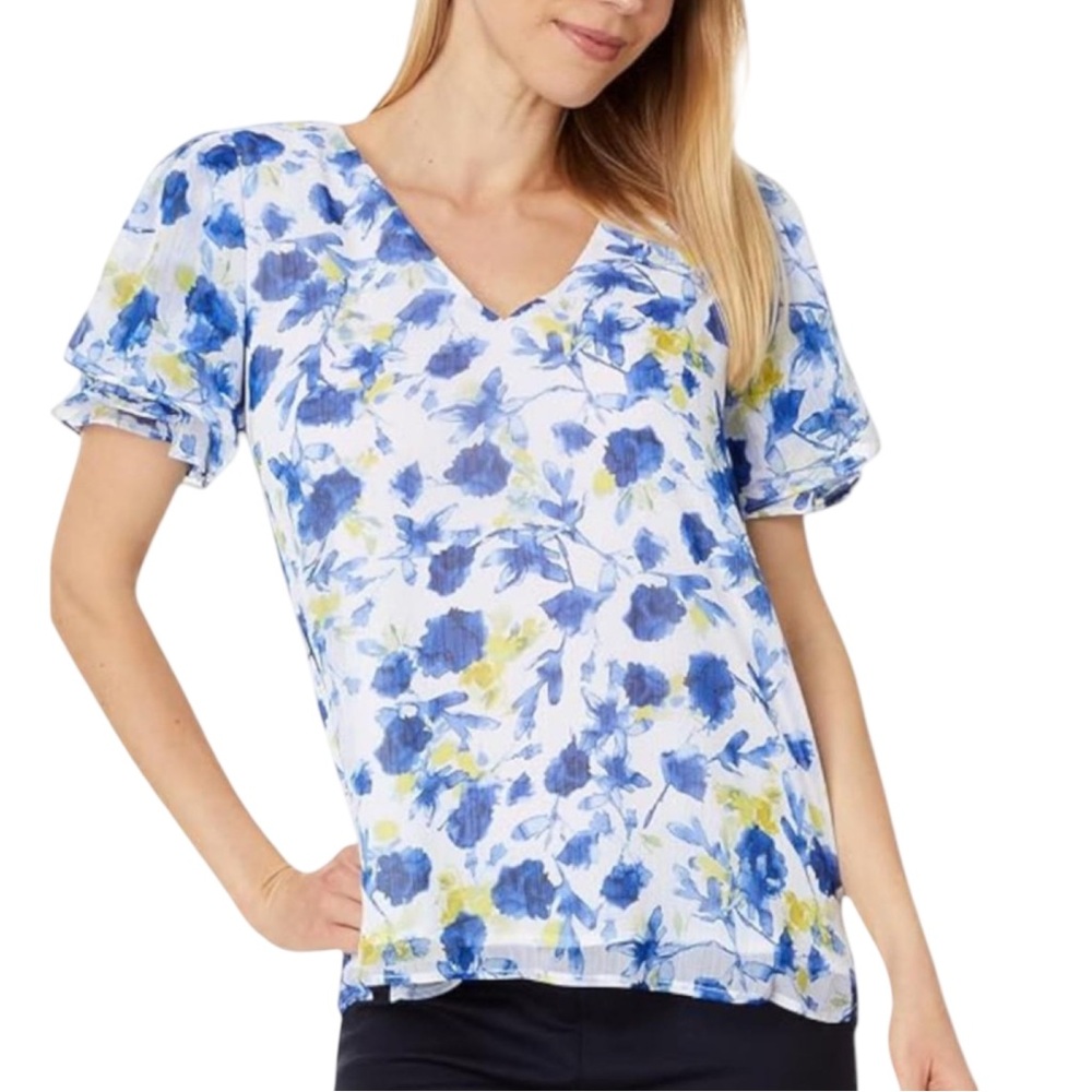 Vince Camuto Women’s Summer Blue Floral Tulip Sleeve Blouse Top‎ Size Small EUC